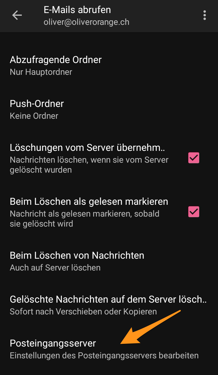 Wähle «Posteingangsserver»