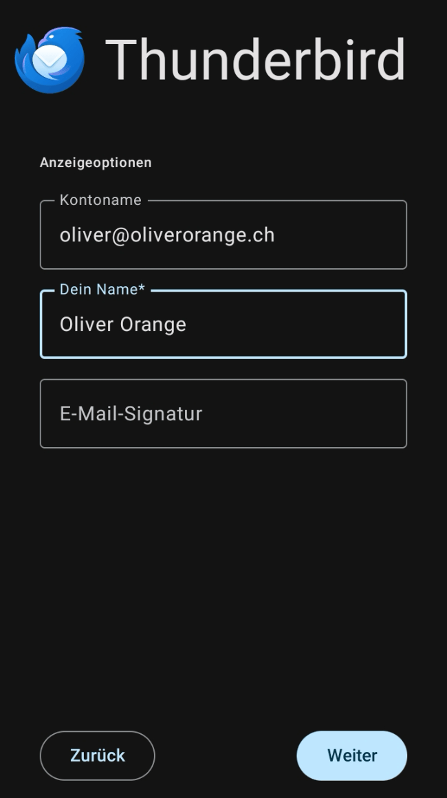 Name für dein E-Mail-Konto angeben