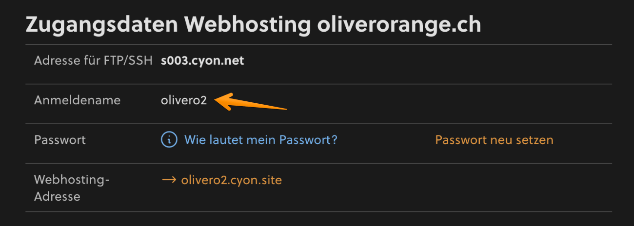 Abschnitt «Zugangsdaten Webhosting» im my.cyon unter «Übersicht»