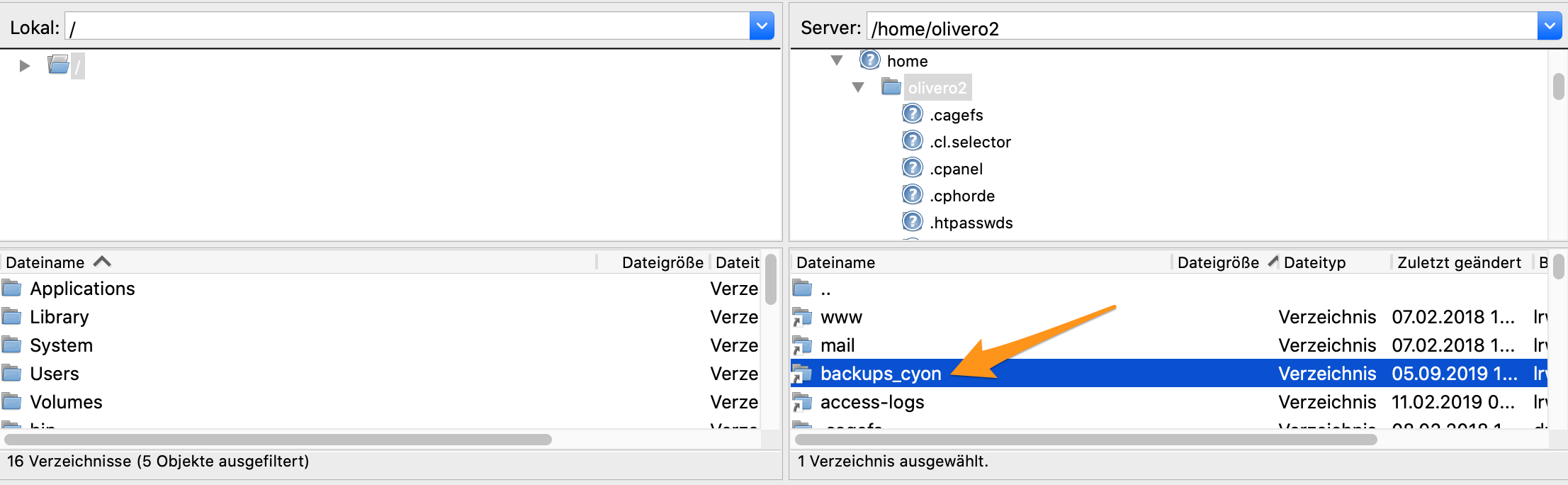 Im FileZilla ins Backup-Verzeichnis navigieren