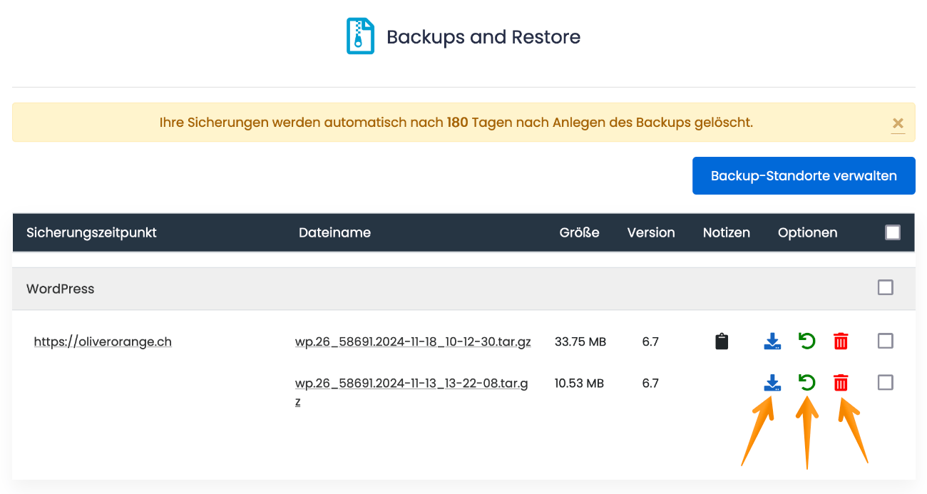 Aktionen zu den vorhandenen Backups