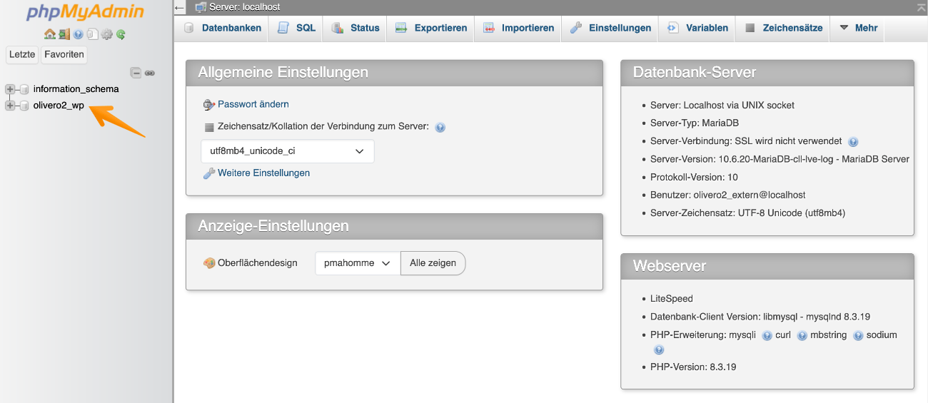 Datenbank im selber installieren phpMyAdmin bearbeiten