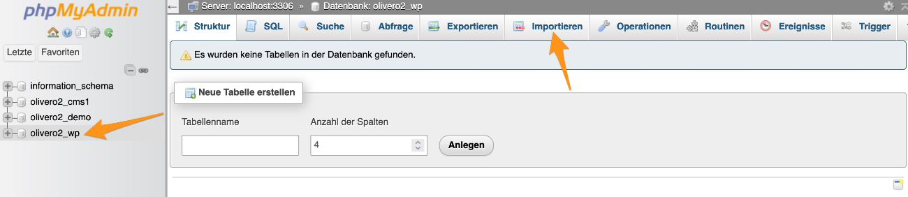 Übersicht der gewählten Datenbank im phpMyAdmin