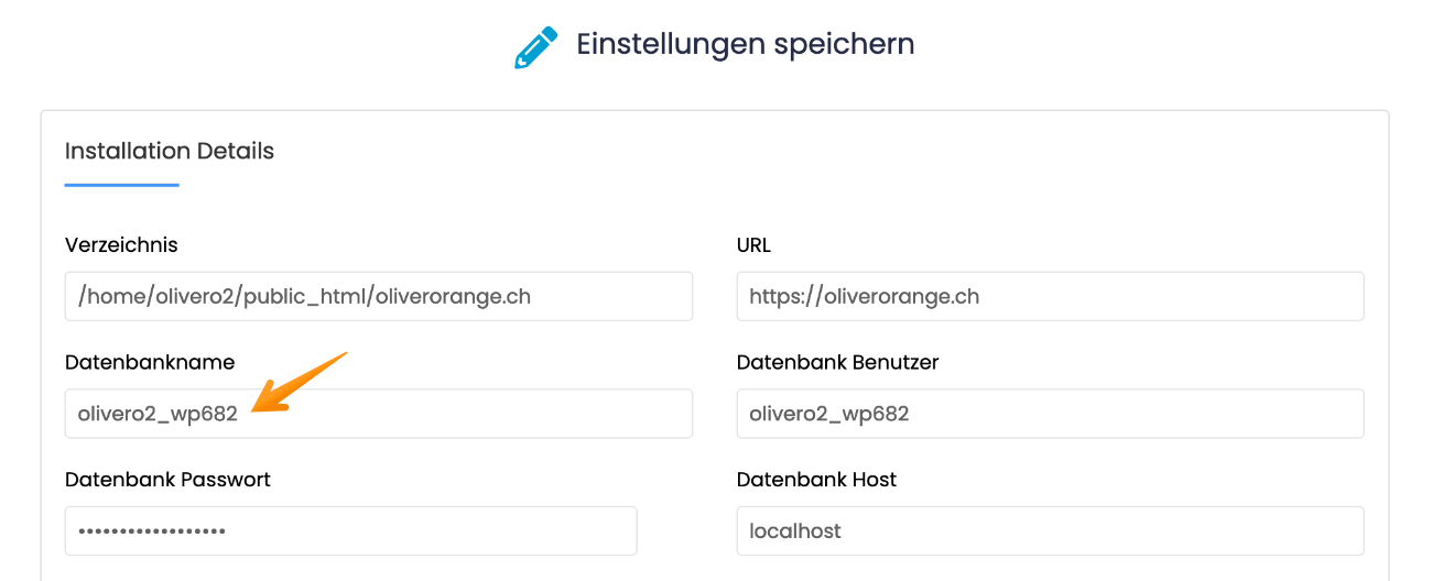 Datenbankeinstellungen der Applikation