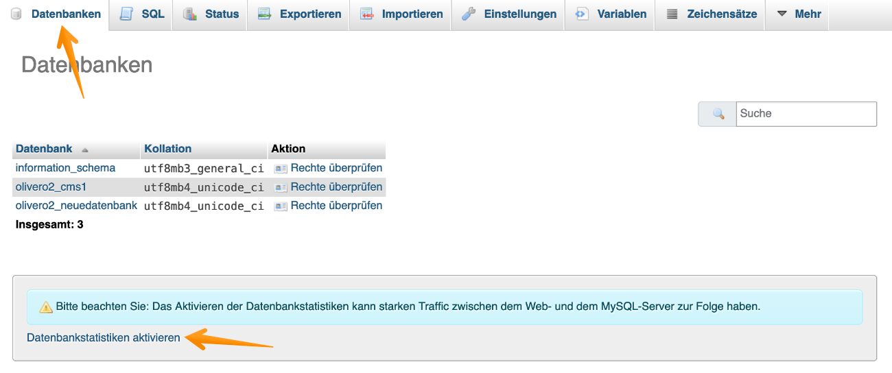 Datenbankübersicht im phpMyAdmin