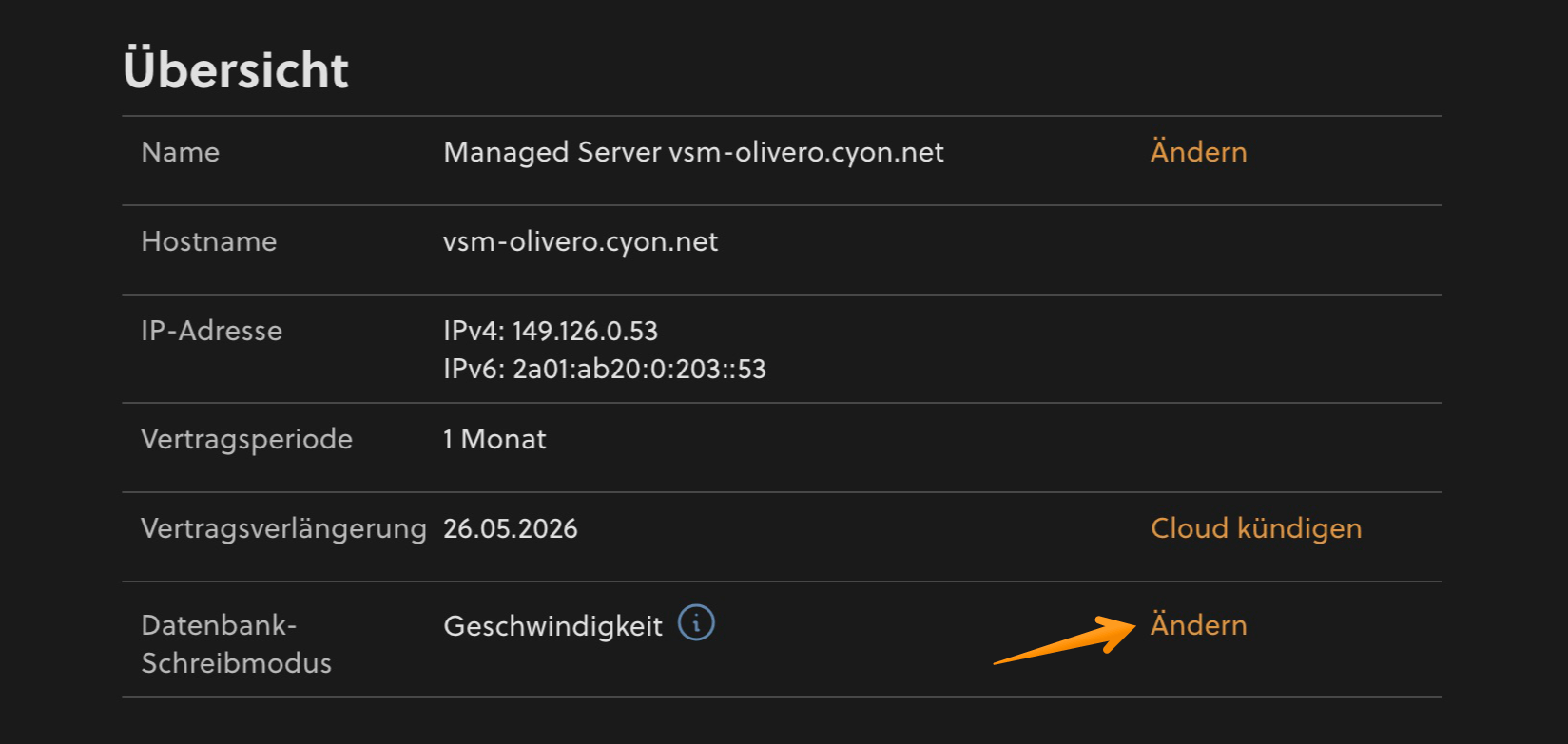 Datenbank-Schreibmodus in der Managed Server-Übersicht