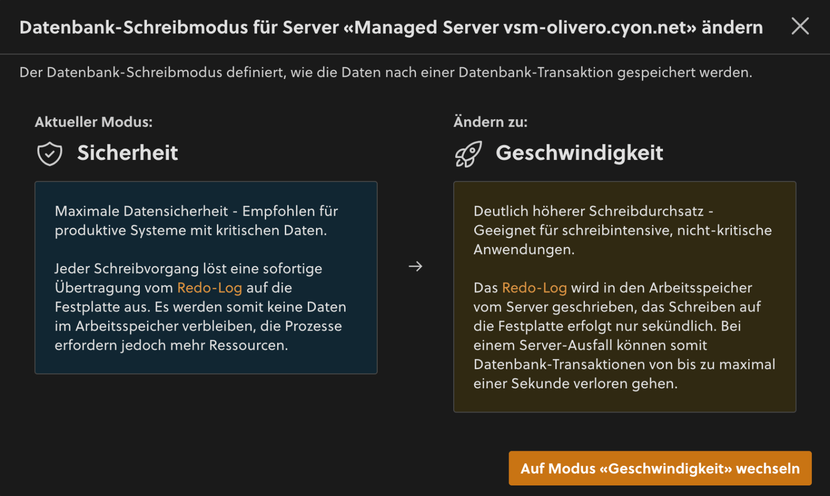 Datenbank-Schreibmodus ändern