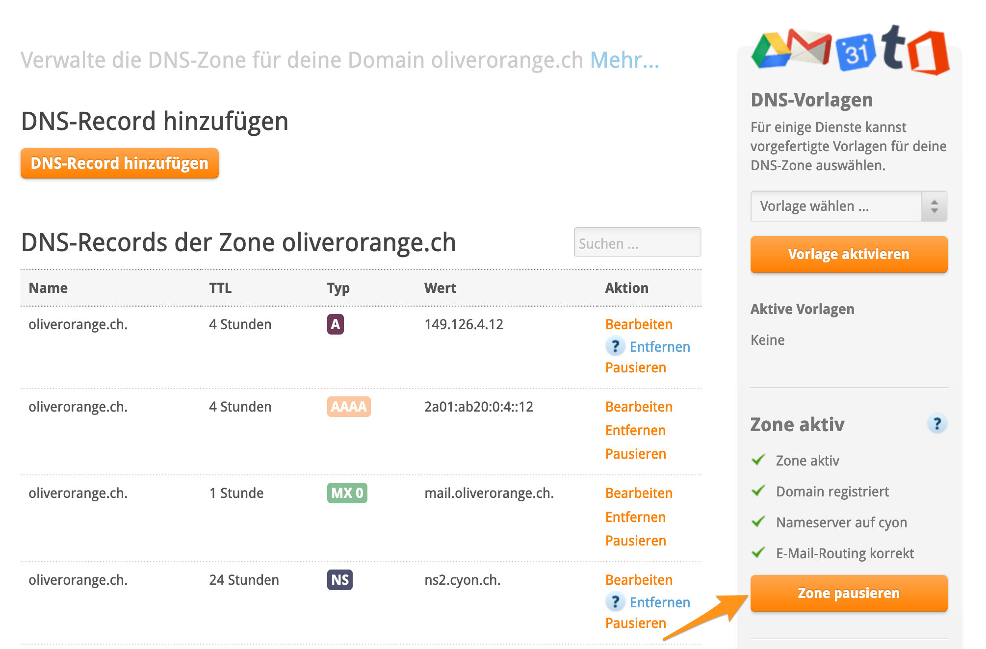 DNS-Zone pausieren