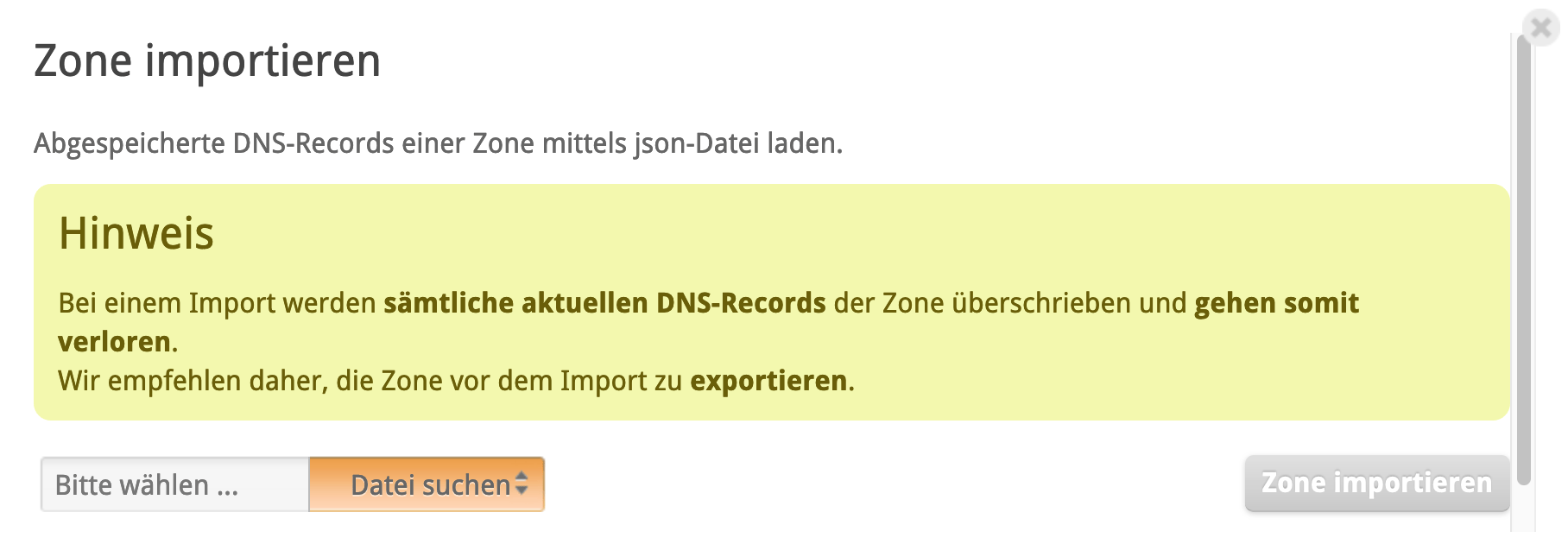 JSON-Datei für den Import auswählen