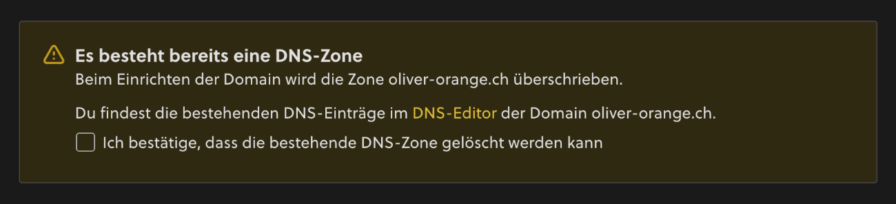 Hinweis auf beestehende DNS-Zone