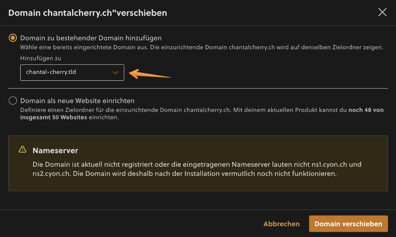 Domain zu bestehender Domain hinzufügen