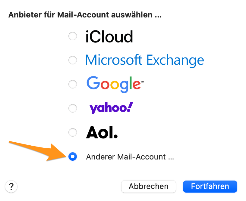 Anbieter für Mail-Account auswählen