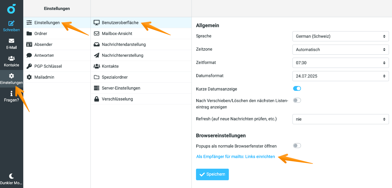 Menü «Benutzeroberfläche» im Webmail