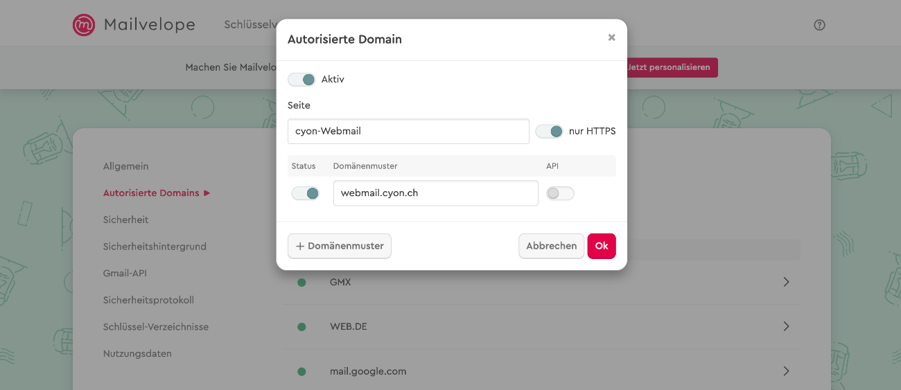 Webmail in Mailvelope als autorisierte Domain hinzufügen