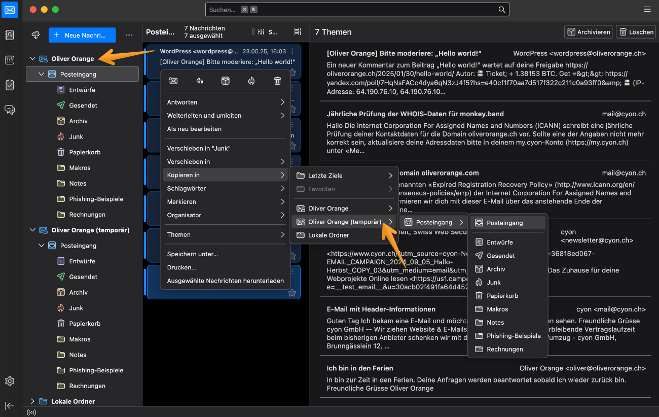 Nachrichten in das temporäre E-Mail-Konto kopieren