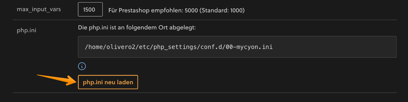 php.ini neu laden im Menü «PHP-Einstellungen»