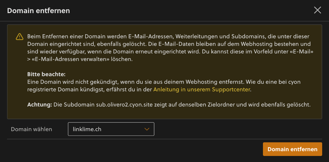 Hinweis beim Entfernen einer Domain