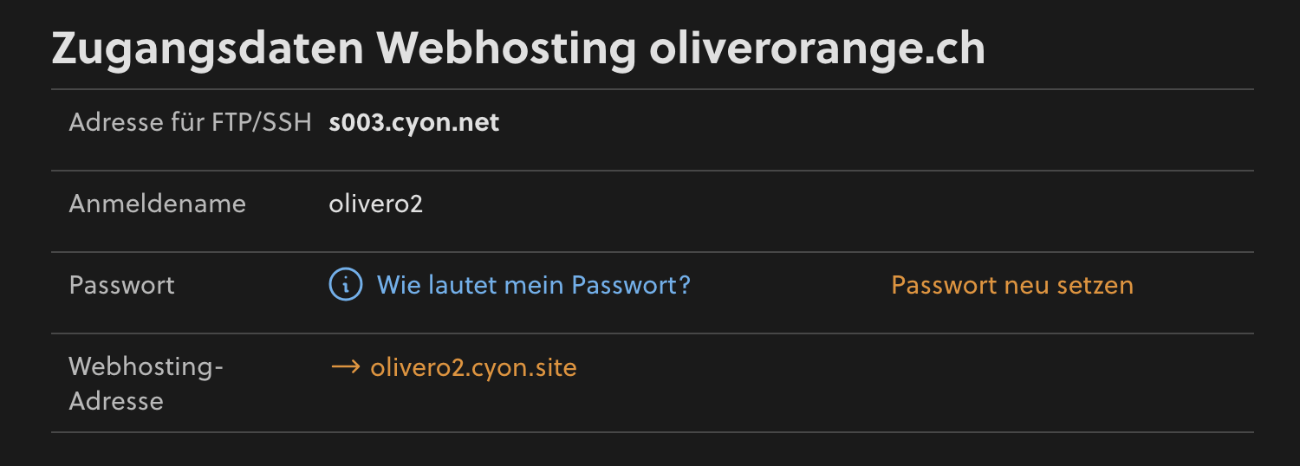 Zugangsdaten Webhosting - Beispiel oliverorange.ch