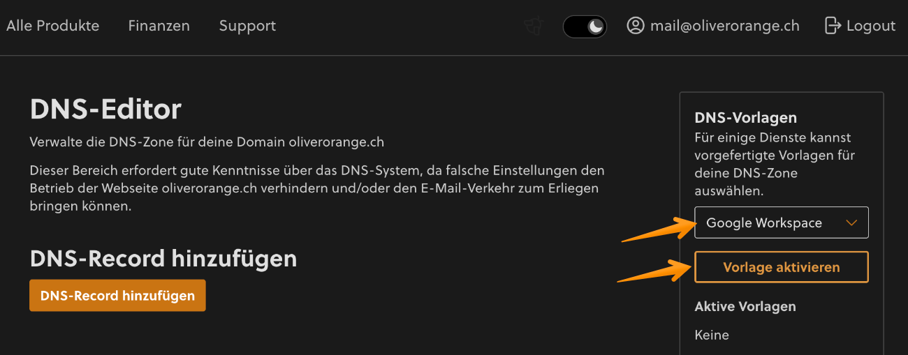 DNS-Vorlage «Google Workspace» aktivieren