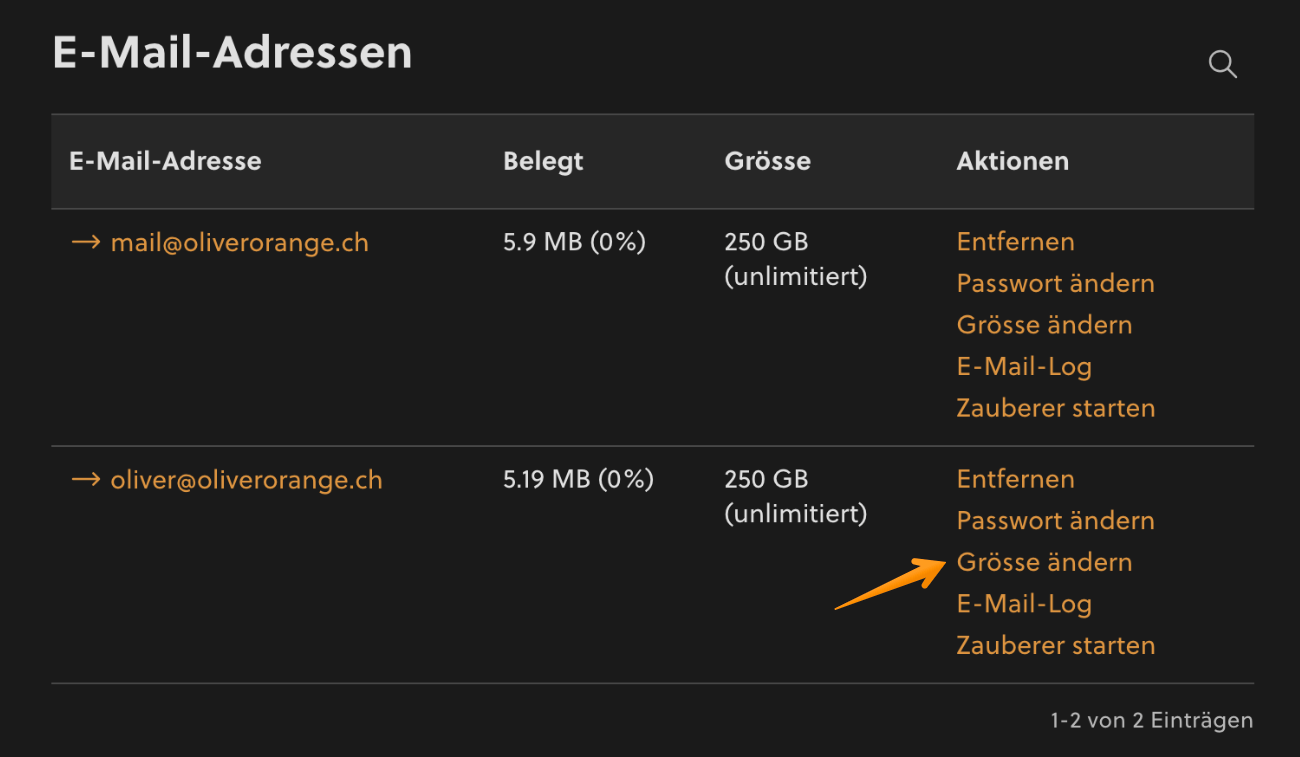 «Grösse ändern» beim E-Mail-Konto