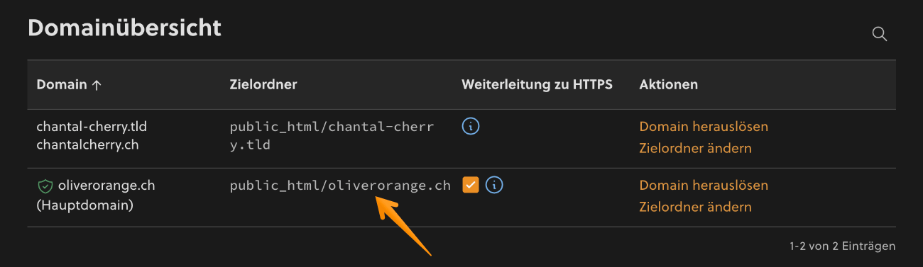 Zielordner der Hauptdomain ändern