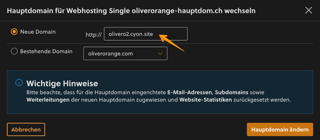 Angaben für neue Hauptdomain eingeben