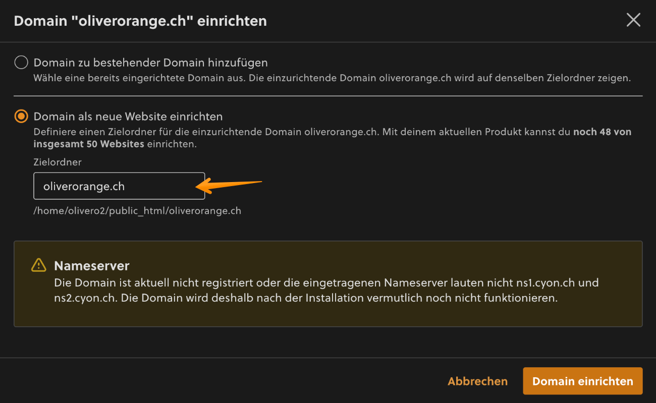 Domain als unabhängige Website einrichten