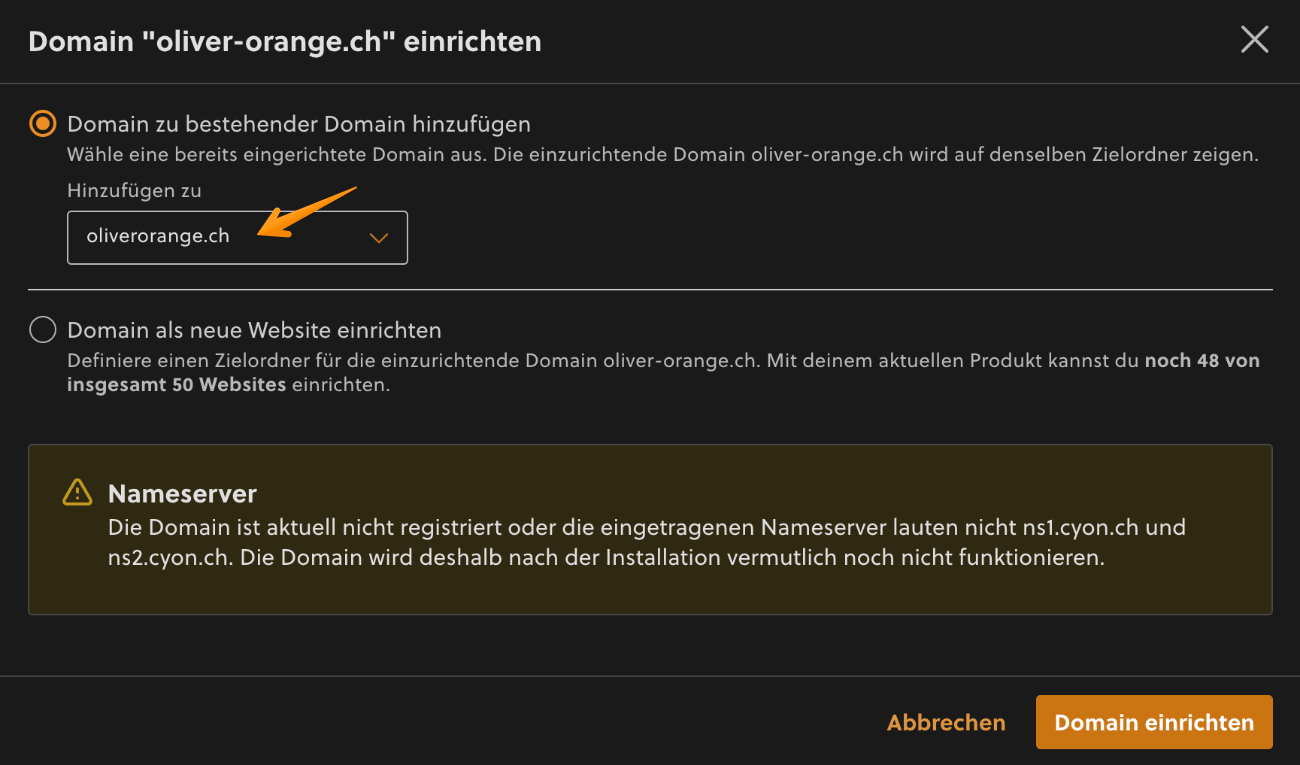 Weitere Domains zu bestehender Domain hinzufügen