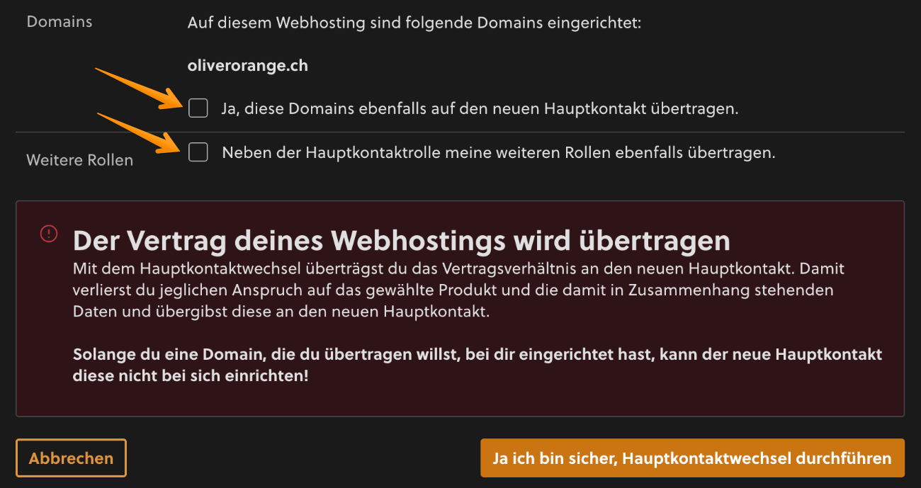 Optionen während des Hauptkontaktwechsels