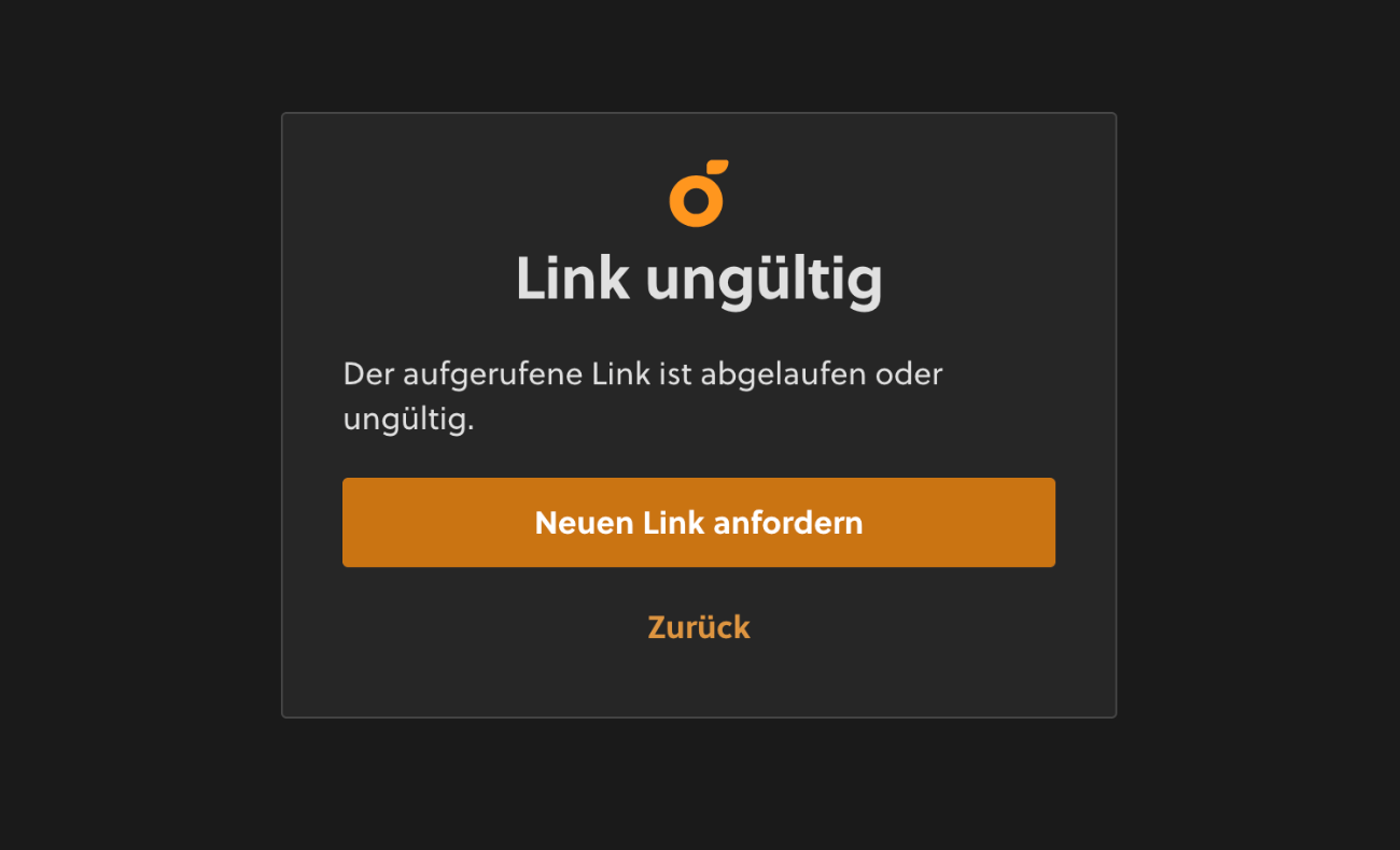 Meldung bei ungültigem Bestätigungslink