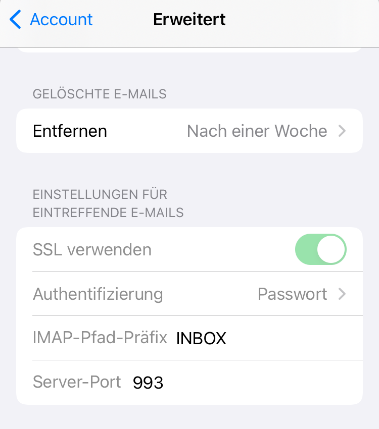 Erweiterte Angaben zu «Server für eintreffende E-Mails»