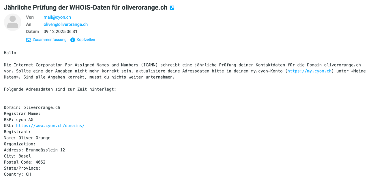 Screenshot der E-Mail zur Überprüfung der WHOIS-Daten