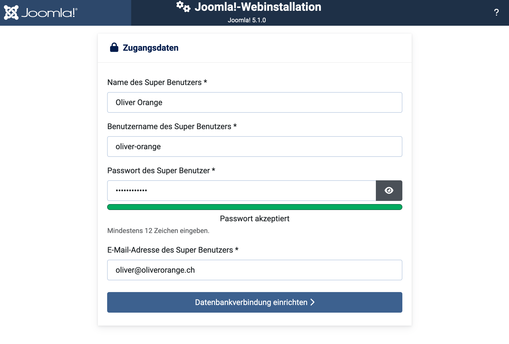 Eingabe von Zugangsdaten - Schritt 2 des Joomla Einrichtungsassistenten