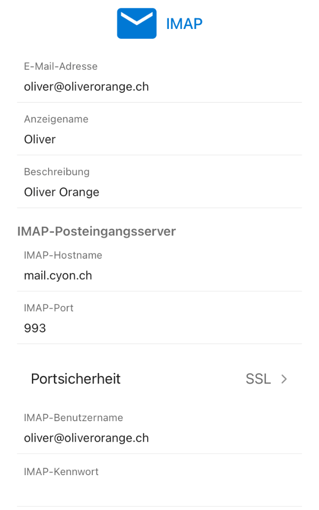 Angaben zum IMAP-Posteingangsserver