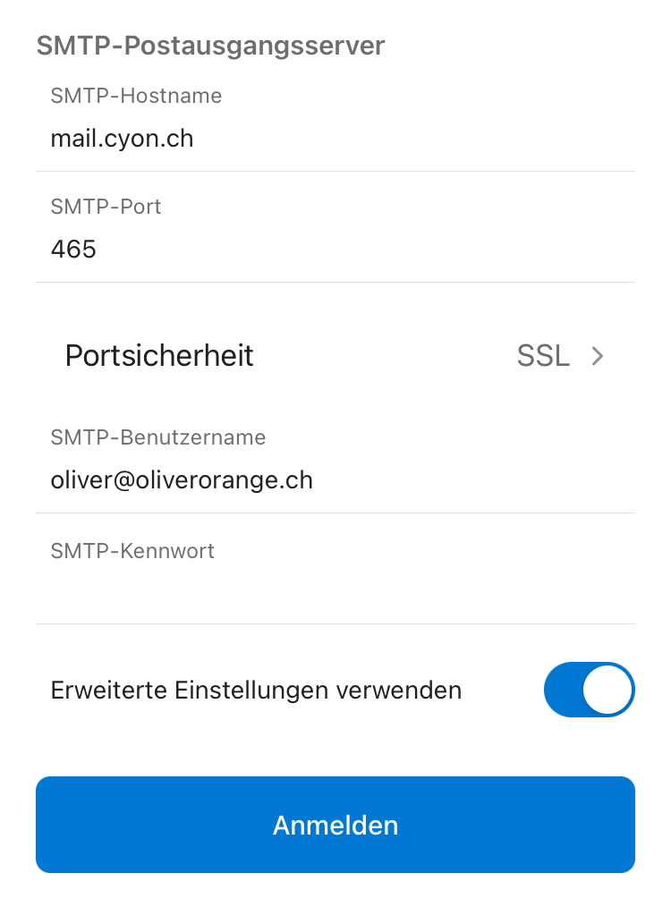 Angaben zum SMTP-Postausgangsserver