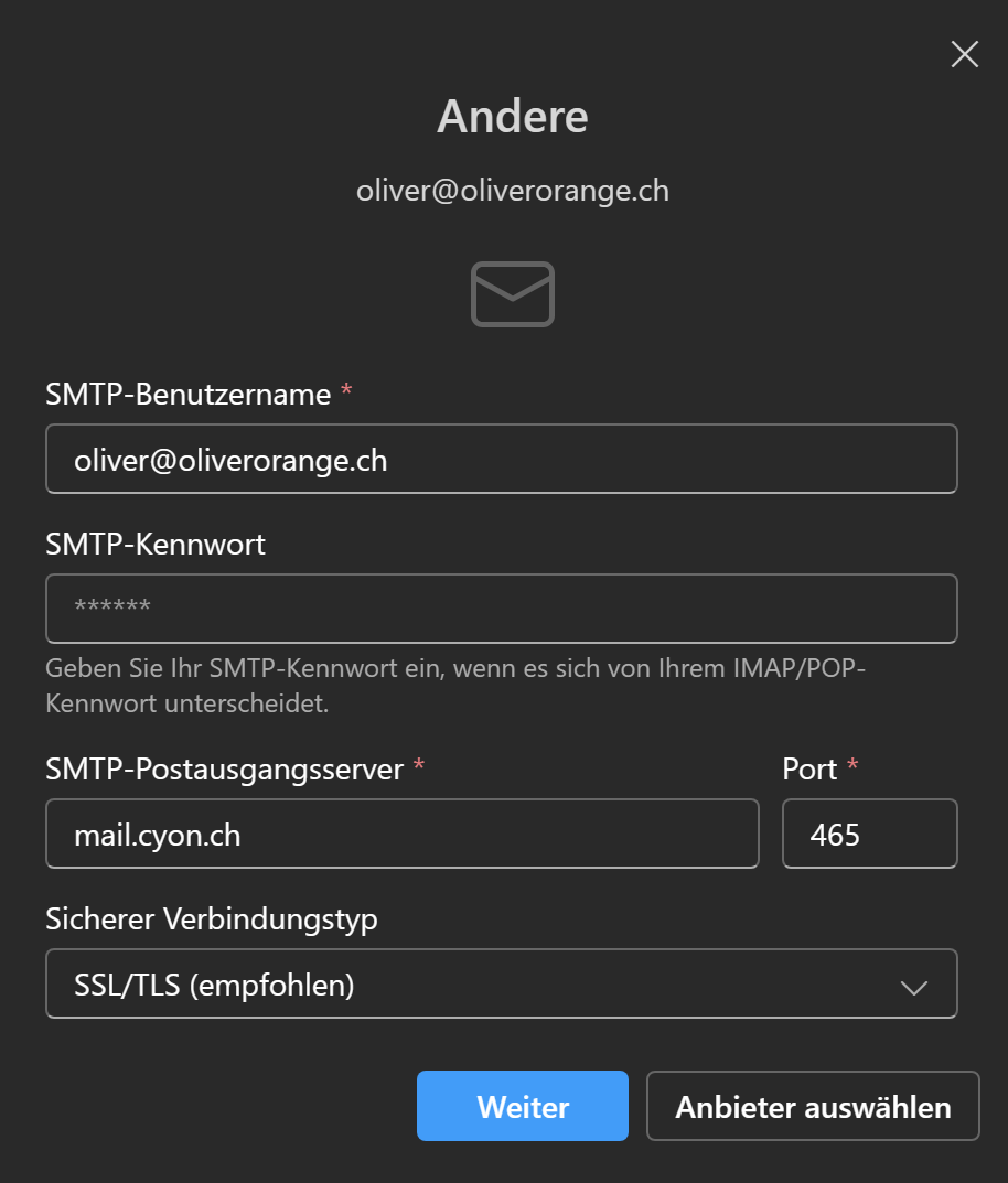 SMTP-Kontoeinstellungen