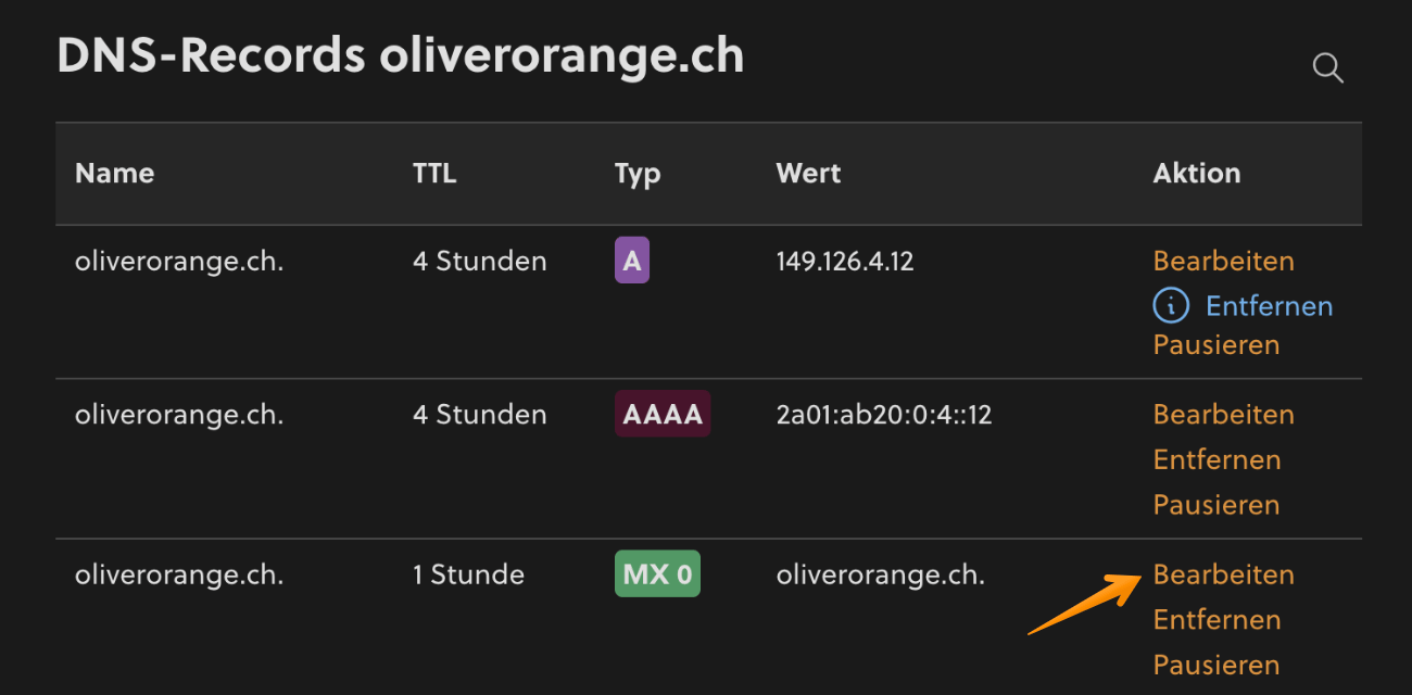 «DNS verwalten» im my.cyon