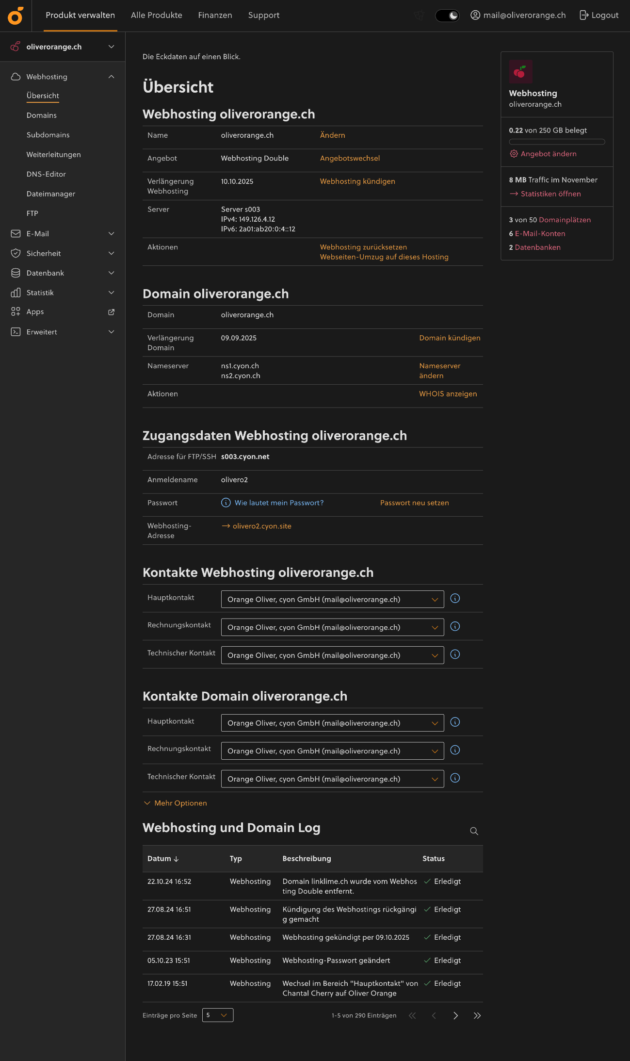 Die Seite «Webhosting» > «Übersicht» im my.cyon