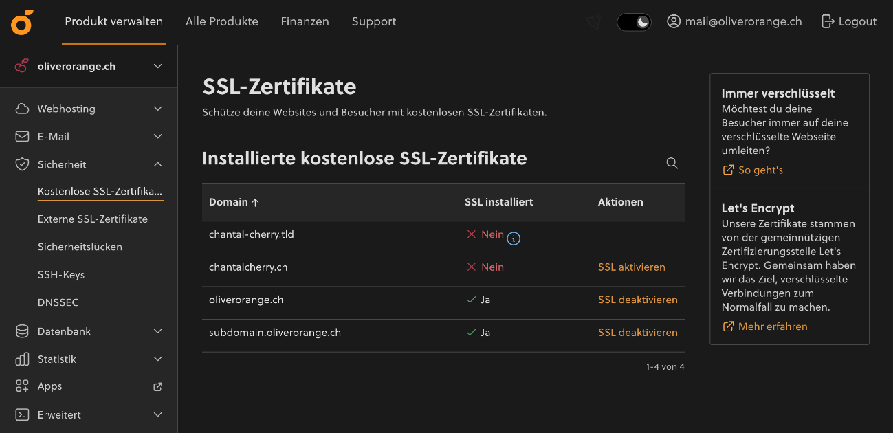 Die Seite «Sicherheit» > «Kostenlose SSL-Zertifikate» im my.cyon