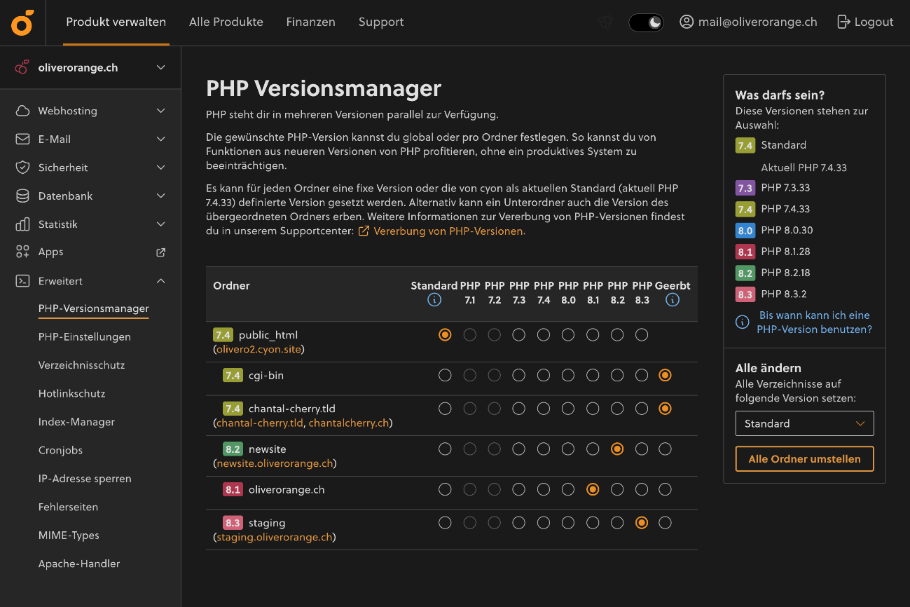 Die Seite «Erweitert» > «PHP-Versionsmanager» im my.cyon