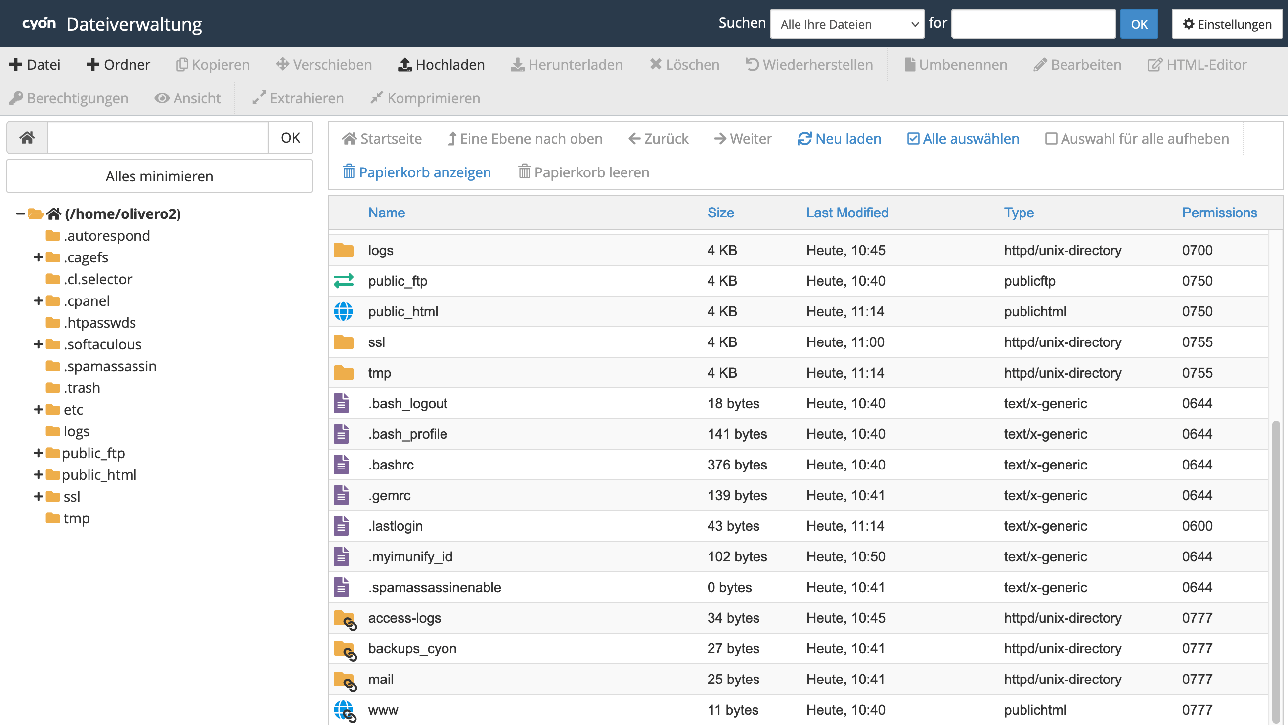 Ordnerstruktur eines neuen Webhostings im Dateimanager