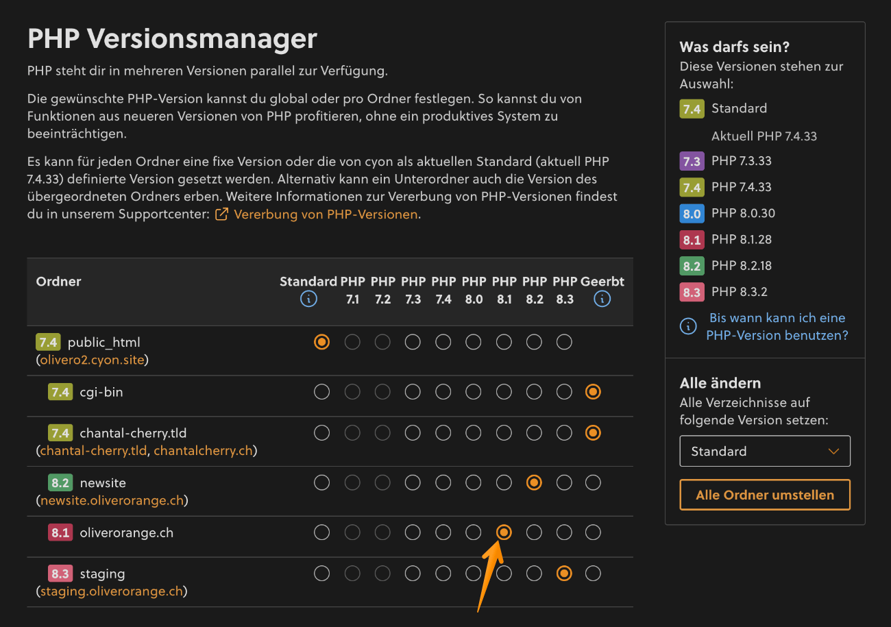 PHP-Version eines einzelnen Ordners ändern