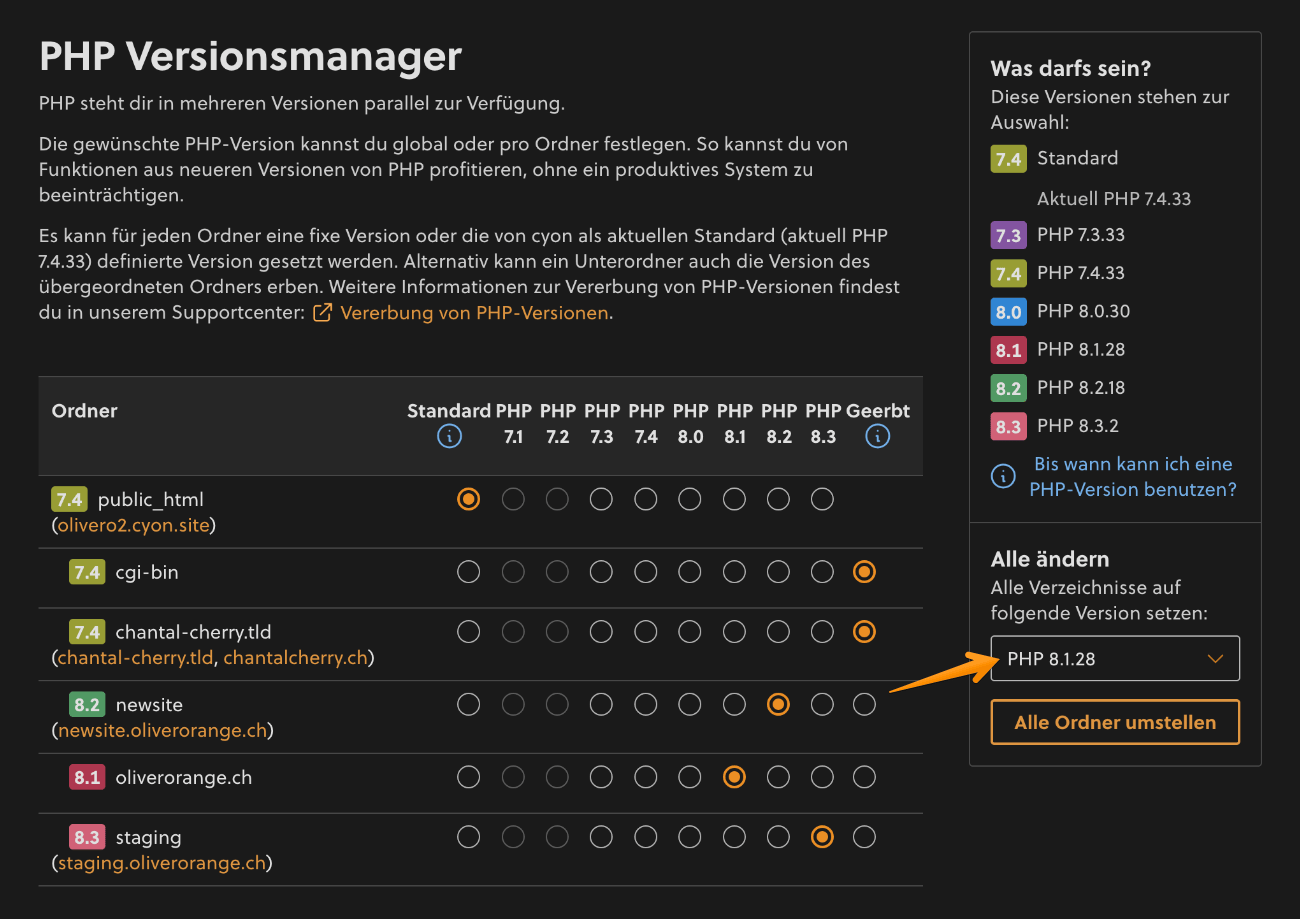 PHP-Version für alle Verzeichnisse ändern