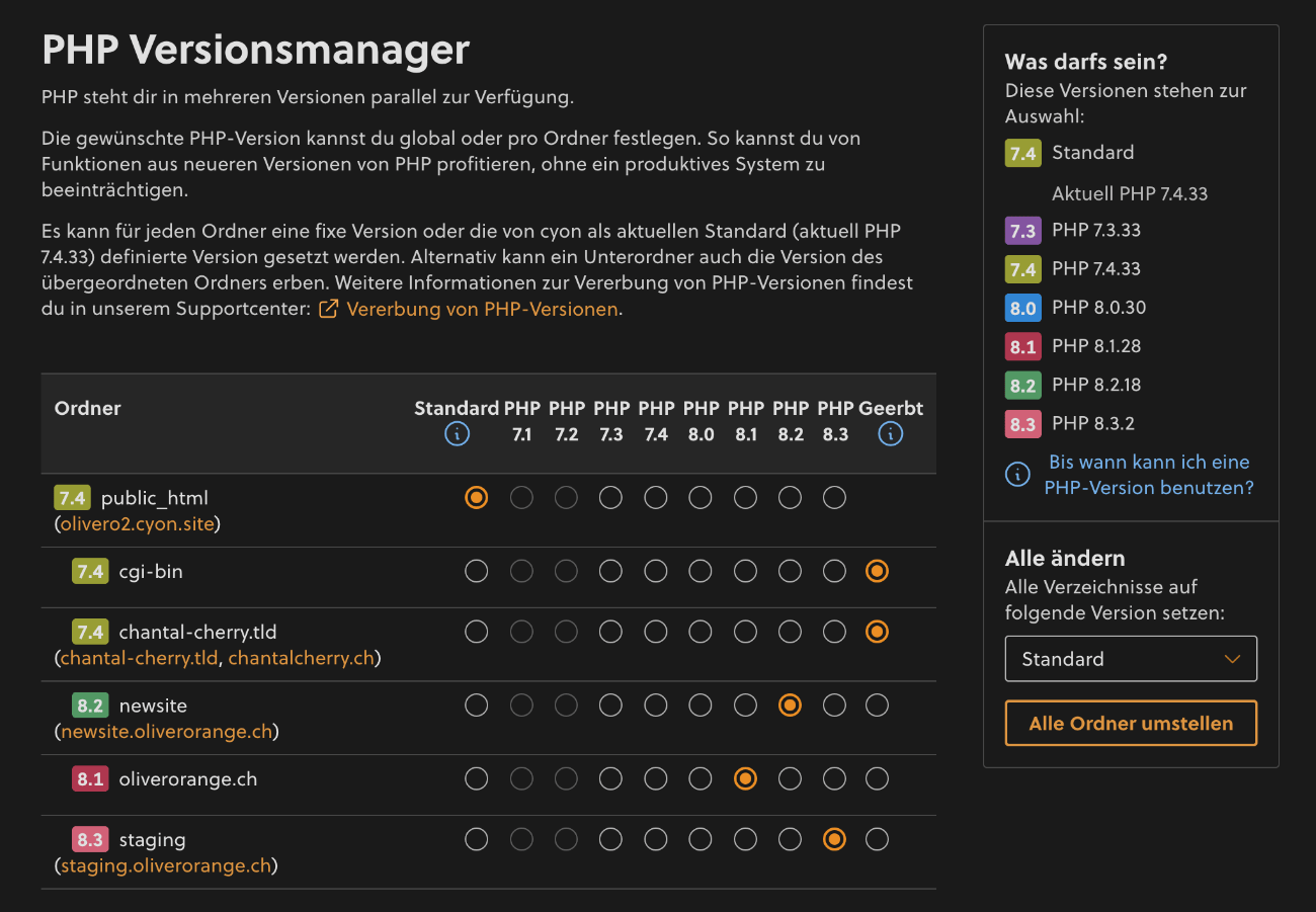 PHP-Versionsmanager im my.cyon