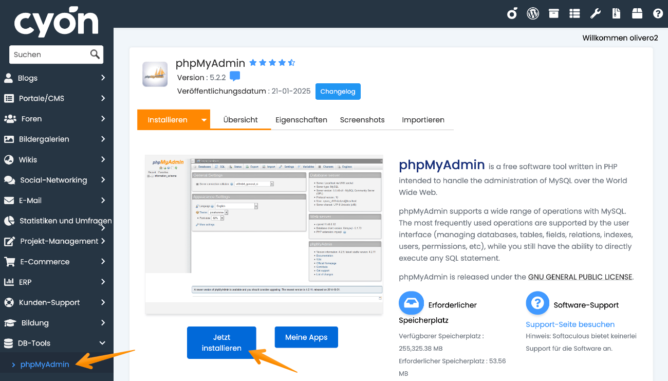 Applikation «phpMyAdmin» in Apps
