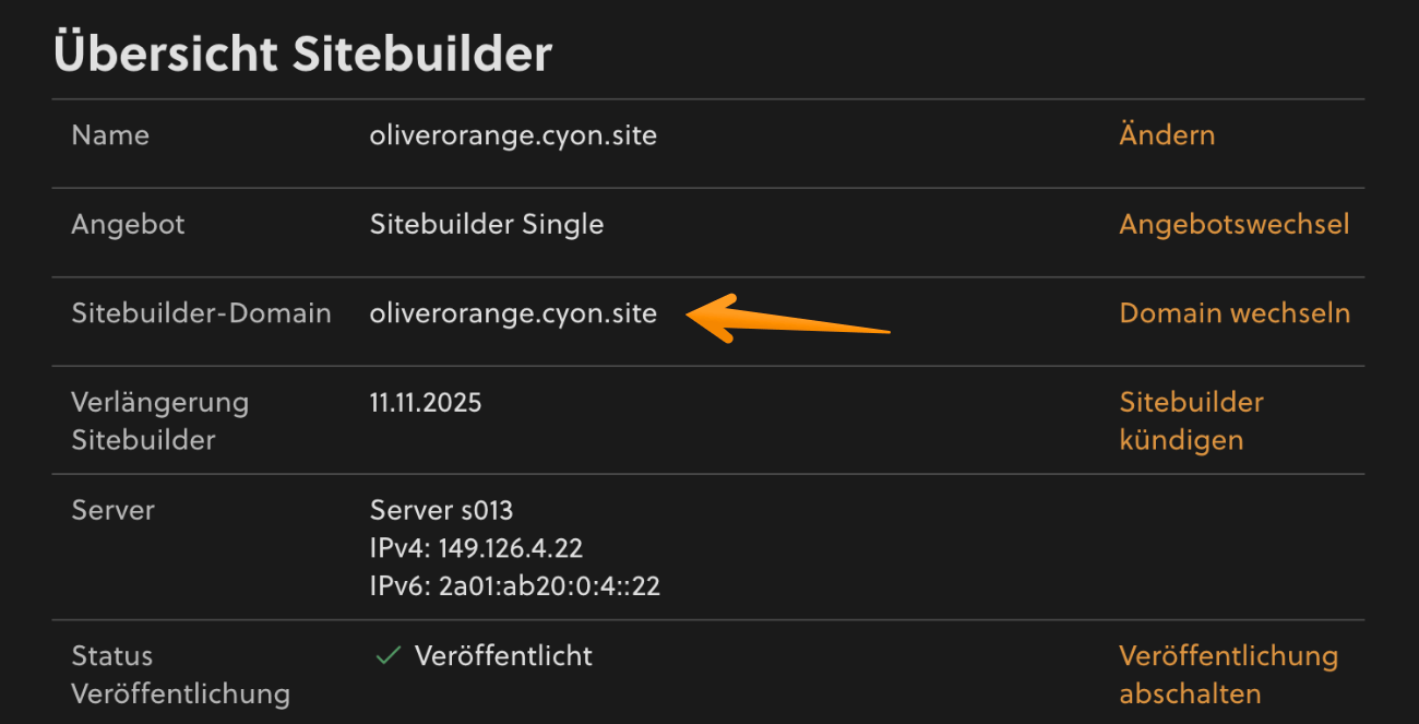 Die «Sitebuilder-Domain» deines Sitebuilders im my.cyon
