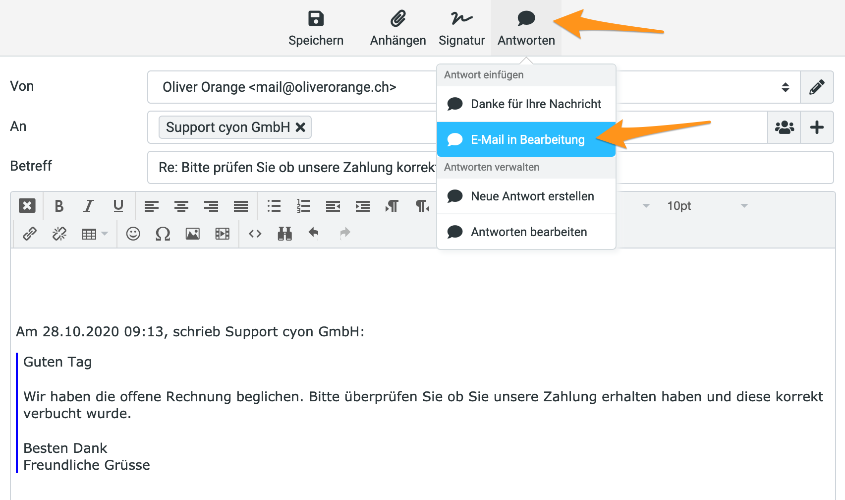 Standardantworten in eine E-Mail einfügen