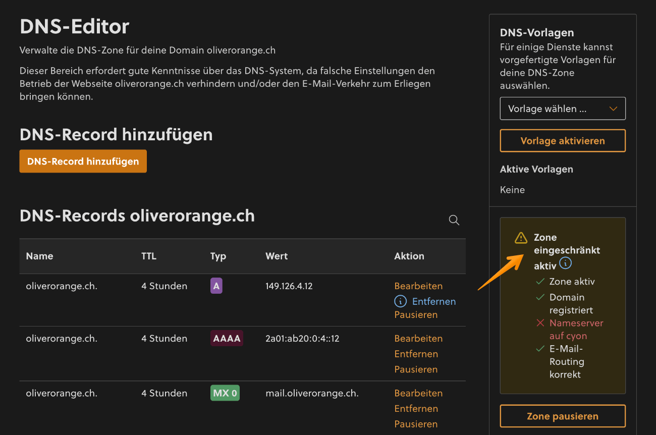 Fehlermeldung bei externen Nameserver