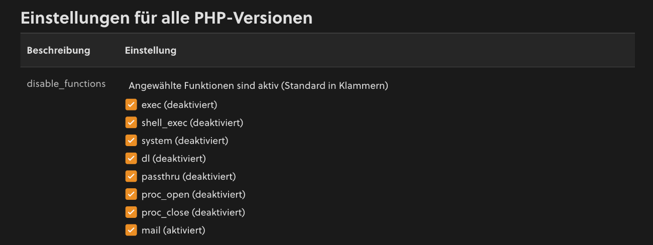 PHP-Einstellungen im my.cyon (disable_functions)
