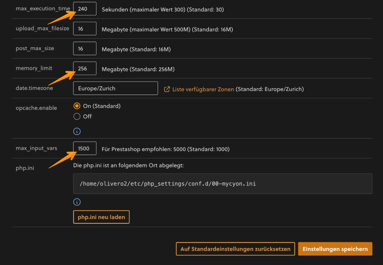 Weitere PHP-Einstellungen im my.cyon